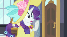 a cartoon pony wearing a hat with flowers on it stands in front of a door that has the letter s on it