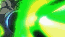 a cartoon character is being attacked by a green and yellow beam .