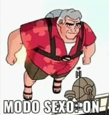 a cartoon of a man in a red shirt and shorts standing next to a machine .