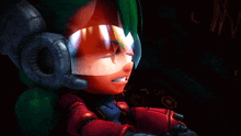 a cartoon character with green hair is wearing a helmet with horns