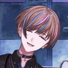 a close up of a person 's face with short hair and blue and purple highlights .