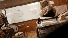 a girl is sitting in front of a whiteboard with a cat on it .