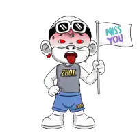 a cartoon character with a shirt that says ' zhou ' on it