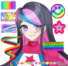 a picture of a girl with a message that says " sending all kinds of happy thoughts "