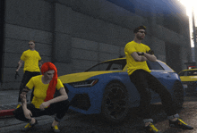 a group of people wearing yellow shirts are posing in front of a blue and yellow car