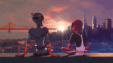 two cartoon characters are sitting on a ledge looking at a city skyline