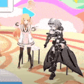 two anime girls are standing next to each other and one has a hat on