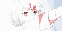 a drawing of a girl with red eyes and a x on her face