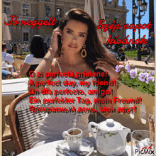 a picture of a woman sitting at a table with a cup of coffee and a teapot