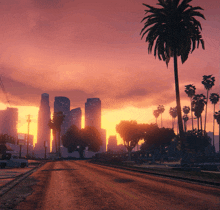 a sunset with palm trees in the foreground and a city in the background