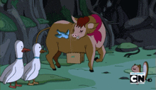 a cartoon of a cow and ducks with the words cn on the bottom right