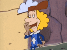 a cartoon character with blonde hair is wearing a blue suit and a white hat
