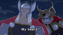 a cartoon character says my beard while standing next to another cartoon character