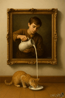 a painting of a boy pouring milk into a cat 's plate