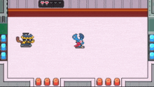 a pixel art drawing of a hockey game with two players on the ice