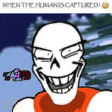 papyrus from undertale is smiling and making a funny face with his eyes closed .