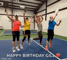 a group of women jumping in the air on a tennis court with the words happy birthday gil