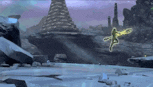 a cartoon character is flying through the air in front of a mountain .