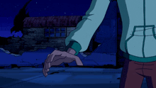 a cartoon character is standing in front of a building and holding another person 's hand