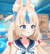 a girl with blonde hair and blue eyes is wearing a sailor uniform