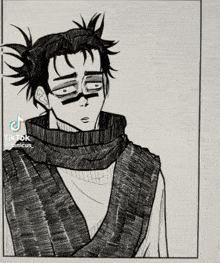 a black and white drawing of a man wearing a scarf and glasses .