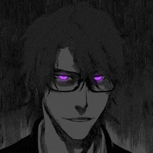 a black and white drawing of a man wearing glasses and purple eyes .