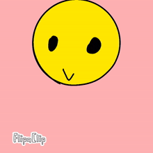 a cartoon drawing of a yellow smiley face with black eyes and a v on its mouth