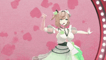 a girl in a white dress with green flowers on her hair
