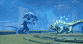a large blue and gold monster is standing on a circular platform