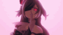 a close up of a anime girl with red eyes