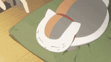 a person is petting a cat 's head on a green blanket .