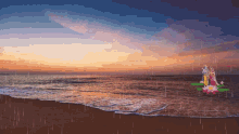 a couple standing on a lotus flower on a beach with a sunset in the background