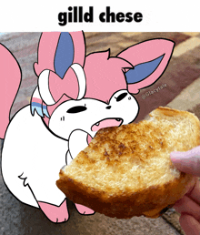a cartoon of a pokemon eating a piece of bread with the caption gild cheese