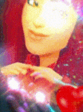 a close up of a doll 's face with a heart in the background