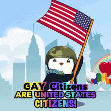 a cartoon of a penguin holding an american flag with the words gay citizens are united states citizens below it