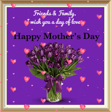 a happy mother 's day greeting card with purple flowers in a vase