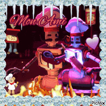 a picture of a man holding a pizza box and two robots with the words mon ami written above them