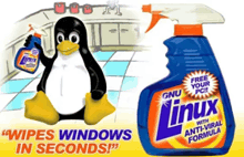 a penguin is holding a spray bottle of gnu linux