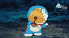 a cartoon character named doraemon is holding a spoon in his mouth