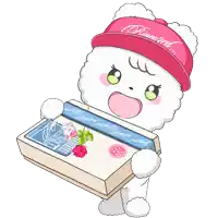 a cartoon character wearing a pink hat and holding a box with a rose on it