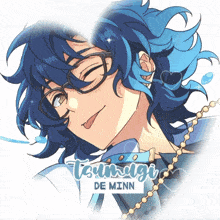 a drawing of a boy with blue hair and the name tsugu de minn