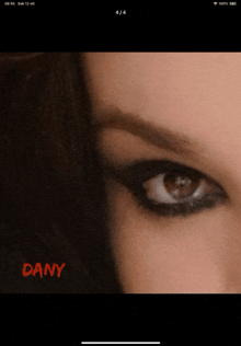 a close up of a woman 's eye with the name dany written below it