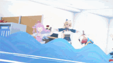 a group of anime characters are standing in a room with a blue blanket