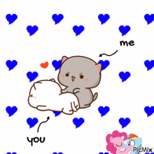 a cartoon of a cat laying on another cat surrounded by blue hearts with the words me and you