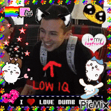a man wearing a shirt that says low iq on it