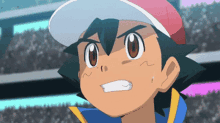 a cartoon character named ash is wearing a red and white hat