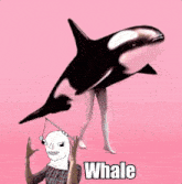 a pink background with a whale and a man holding a fishing pole