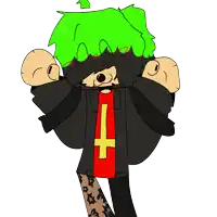 a cartoon character with green hair and a red shirt with an inverted cross