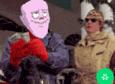 a cartoon character holding a stack of money next to a man in sunglasses