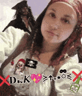 a woman in a pirate costume with a bottle of rum in front of her